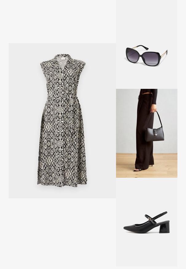 Fekete és krémszínű ujjatlan, szatén wrap ruha gallérral, övvel és geometrikus gyémántmintákkal az anyagon.; Fekete lakk bőr, pántos magassarkú cipő, hegyes orral, lekerekített kivágással és tömbsarkal. Arany színű csat díszíti.; Fekete, oversize napszemüveg fokozatos árnyalatú lencsékkel, vastag kerettel és arany színű lánc díszítéssel a szárakon.; Fekete kézi táska strukturált formával, sima textúrával és fémből készült záródással. Széles fekete nadrággal és nyitott orrú szandállal párosítva, fából készült padlón.