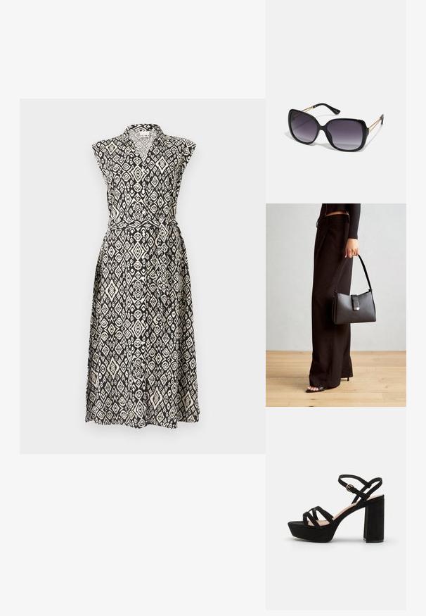 Melnā un krēmkrāsas bezpiedurkņu apvelkošā kleita ar apkakli, jostu un ģeometriskiem dimantu rakstiem visā audumā.; Melnas zamša platformas sandales ar blokveida papēdi, ar krustveida siksnām un ar sprādzi regulējamu potītes siksnu, nodrošinot drošu piegulšanu.; Melni pārmērīgi lieli saulesbrilles ar gradāciju lēcām, biezām rāmja malām un zeltainas krāsas ķēžu detaļām uz tempļiem.; Melnā somiņa ar strukturētu formu, gludu tekstūru un metālu sprādzi. Saskaņota ar platām melnām biksēm un sandālēm ar atvērtu purngalu uz koka grīdas.