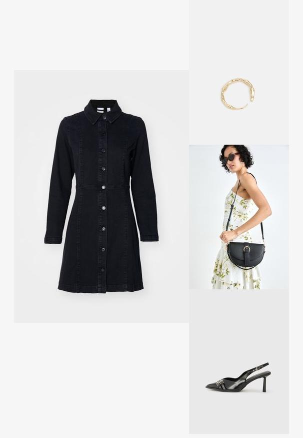 Melnas denima kleita ar apkakli, garām piedurknēm un priekšējiem pogām. Ar pieguļošu jostasvietu un paplatināta svārku dizainu. Gluda tekstūra.; Melnā patentēta ādas sandale ar norādītu purngalu, potītes siksniņām ar sudraba sprādzēm un aparatūru, kā arī smalku papēdi.; Melnas ādas rokassoma ar izliekta formu, noņemamu siksnu un zelta aksesuāriem. Somai ir vāciņš ar sprādzes detaļu.; Zelta toņa gredzens ar organisku, vērptu dizainu, gludu virsmu un sašaurinātiem galiem, radot mūsdienīgu, skulpturālu izskatu.