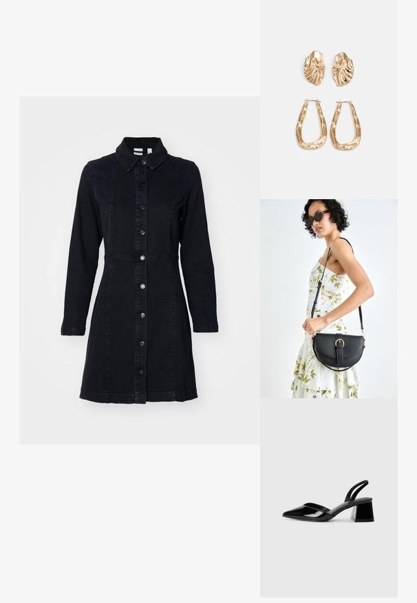 Melnas denima kleita ar apkakli, garām piedurknēm un priekšējiem pogām. Ar pieguļošu jostasvietu un paplatināta svārku dizainu. Gluda tekstūra.; Melna lakota āda ar atvērto papēdi, ar smailu purngalu un ģeometrisku blokpapēdi. Iezīmējas elegants, minimāls dizains un gluda tekstūra.; Melnas ādas rokassoma ar izliekta formu, noņemamu siksnu un zelta aksesuāriem. Somai ir vāciņš ar sprādzes detaļu.; Zelta krāsas auskari ar teksturētām, viļņotām formām. Iekļauts skulpturāls piespraužams modelis un atvērta gredzenveida konstrukcija ar izsistām virsmām.