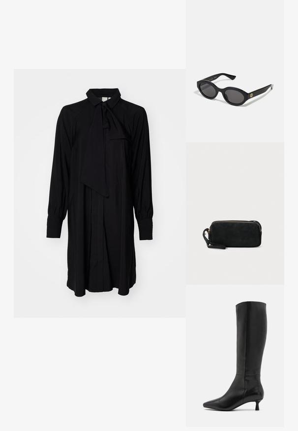Czarna sukienka z długimi rękawami, z kołnierzykiem wiązanym, zapinana na guziki, z plisowanymi rękawami, wykonana z lekkiego materiału o gładkiej fakturze.; Zign - Kozaki; Czarne okulary przeciwsłoneczne w owalnym kształcie z ciemnymi szkłami i błyszczącą plastikową oprawką. Posiadają złote logo na zausznniku, co nadaje im elegancki i nowoczesny wygląd.; Czarna zamszowa kopertówka z zapięciem na zamek i odpinanym paskiem na nadgarstek. Wyposażona w elementy w kolorze złotym oraz gładką, matową fakturę.