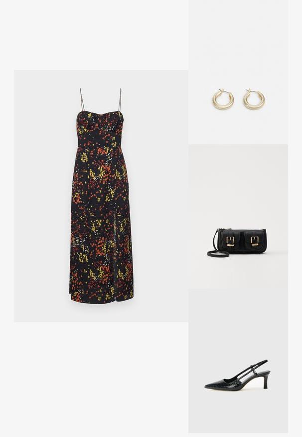 Svart kjole med tynne spaghetti-stropper, med et blomsterdesign i rødt, gult og hvitt. Midtlengde med en sidesplitte detalj.; Sorte patent slingback hæl med spids tå, featuring tekstureret slangeskind, justerbar rem og en kort, tekstureret blokhæl.; Svart skinn crossbody veske med to frontlommer, gyldne spenner, glidelåslukking og en slank stropp. Teksturert overflate og kompakt rektangulær form.; Lauren Ralph Lauren BASIC SMALL HOOP - Øredobber - gold-coloured