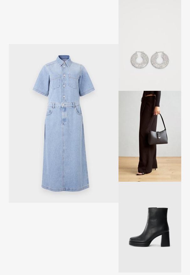 Robe chemise en denim bleu clair avec des manches courtes, deux poches poitrine, fermeture boutonnée, taille cintrée avec une ceinture, et une longue jupe évasée.; Bottine en cuir noir avec un talon bloc et une semelle plateforme, vue de côté sur un fond blanc uni.; Sac à main noir à la forme structurée, texture lisse et fermoir métallique. Associé à un pantalon noir ample et des sandales ouvertes sur un sol en bois.; Boucles d'oreilles en argent en forme de créoles ornées de multiples embellissements en cristal transparent, présentant une surface texturée et un design circulaire ouvert.