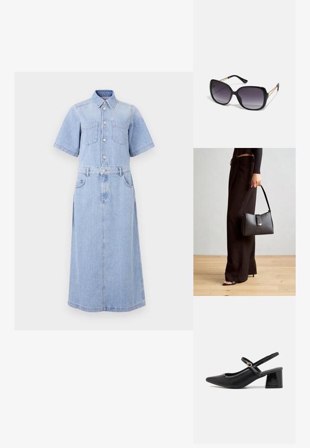 Šviesiai mėlynas džinsinis suknelės marškiniai su trumpomis rankovėmis, dviem krūtinės kišenėmis, mygtukų uždarymu, juosmeniu, suspaustu diržu, ir ilga A formos sijonu.; Juodi patentinio odos slingback aukštakulniai su smailiu pirštu, apvaliu išpjovimu ir blokiniu kulnu. Papuošti auksiniu juostos akcentu.; Juodos didelės saulės akinių su pereinamais objektyvais, storomis rėmeliais ir auksinės spalvos grandinėmis ant šventyklų.; Juodas rankinė struktūrizuota forma, lygi tekstūra ir metalinis užsegimas. Suporuota su plačiomis juodomis kelnėmis ir atvirais bateliais ant medinių grindų.