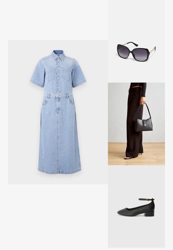 Vestito camicia in denim azzurro chiaro con maniche corte, due tasche sul petto, chiusura con bottoni frontale, vita cinchata con cintura e gonna lunga a forma A.; Pump in pelle nera con punta affusolata e tacco basso a blocco. Presenta una cinghia alla caviglia con una fibbia in tonalità oro. Texture liscia.; Occhiali da sole neri oversize con lenti sfumate, montatura spessa e dettagli in catena dorata sulle astine.; Borsa nera con forma strutturata, texture liscia e una chiusura metallica. Abbinata a pantaloni neri larghi e sandali open-toe su un pavimento in legno.