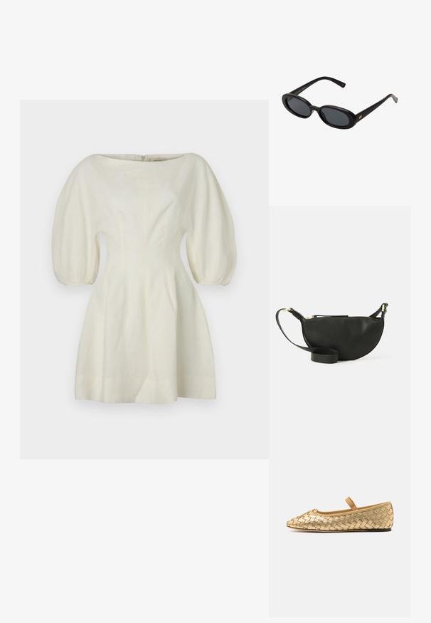 Bela lanena obleka z širokim izrezom, nabranimi rokavi, prilagojenim korpusom in razširjenim krilom z diskretnimi šivi ter zadrgo na hrbtu.; Loeffler Randall LEONIE SOFT BALLET FLAT - Balerinke s paščkom - gold; Črne oversize sončne očala z ovalnimi lečami, gladkim plastičnim okvirjem in zlatenimi detajli na templjih. Temne leče zagotavljajo zaščito pred soncem.; Črna usnjena torbica za čez ramo v obliki polmeseca, z teksturirano površino, zlatim zadrgo in ravnim trakom. Kompaktna zasnova, primerna za osnovne stvari.