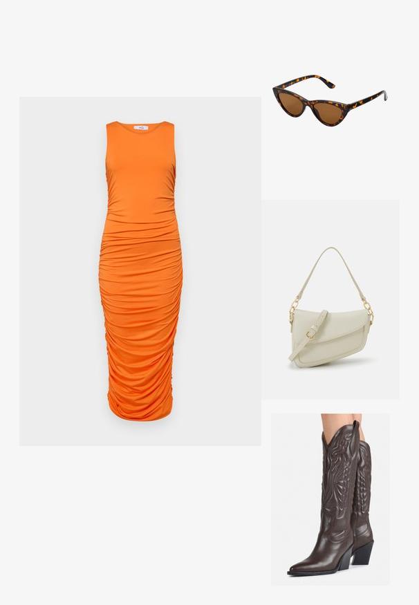 Oranža bezpiedurkņu pieguļoša kleita ar horizontālu pūkumu gar ķermeni, gluda elastīga auduma, ceļa garuma dizains.; Brūni ādas kovboju zābaki ar norādītu purngalu un blokveida papēdi, ar detalizētu šūšanu un paceltiem akcentiem uz kājas daļas.; Kaķa acs saulesbrilles ar melnu un oranžu bruņurupuču rakstu rāmi, brūnām lēcām un elegantiem, norādītiem galiem. Rāmī ir minimālists logos uz tempļa.; Maza krēmkrāsas rokas soma ar teksturētu apdari, garu regulējamu siksniņu, ķēdes akcentu un vāciņa aizdari. Zelta aparatūras detaļas.