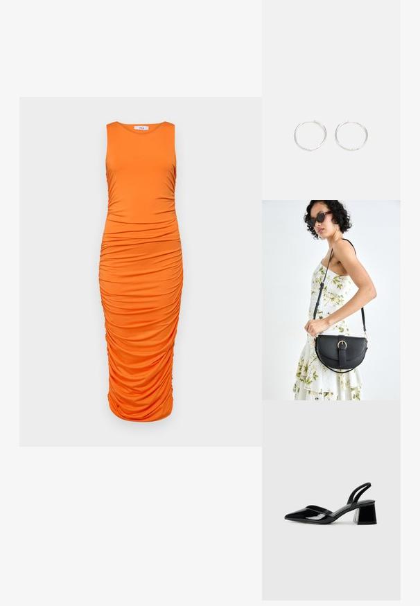 Narancssárga ujjatlan, testhez simuló ruha vízszintes redőzéssel a testen, sima, elasztikus anyagból készült, térdhez érő fazon.; Fekete lakk bőr szandálkés magas sarkú cipő, hegyes orral és geometrikus tömbsarkakkal. Karcsú, minimalista dizájn és sima textúra jellemzi.; Fekete bőrtáska ívelt formával, levehető pánttal és arany színű fémrészekkel. A táskán egy csattal díszített fedél található.; Ezüst karika fülbevalók, letisztult, kerek formával, sima felülettel és látható díszítés nélkül. A átmérő nem megadott.