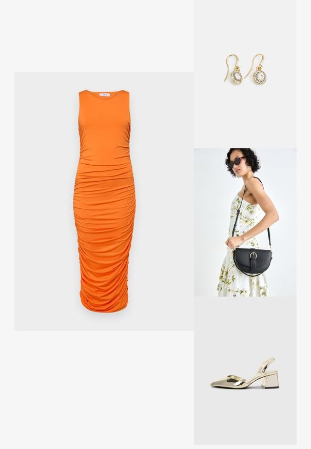 Oranžinė be rankovių, prie kūno priglundanti suknelė su horizontaliu raukinimu, lygi, elastinga medžiaga, iki kelių ilgio.; Auksiniai, metaliniai slingback aukštakulniai bateliai su smailiu pirštu ir masyviu kulnu. Lygus paviršius, minimalizmo dizainas ir siaura juostelė.; Juodas odinis krepšys su išlenkta forma, nuimamu dirželiu ir auksiniais detalėmis. Krepšys turi kilpą su sagtimi.; Aukso spalvos auskarai su ovalo formos skaidriais kristalais, apjuostais mažesniais skaidriais akmenukais, su kabliuko dizainu, užtikrinančiu saugų dėvėjimą.