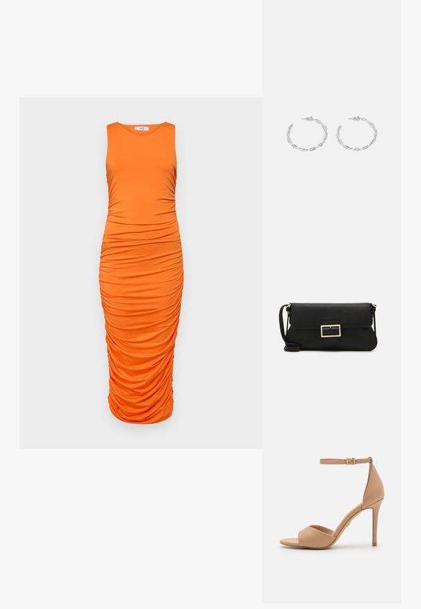 Oranssi hihaton vartalonmyötäinen mekko, jossa on vaakasuoraa rypytystä vartalon kohdalla, sileää joustavaa kangasta ja polvipituisuus.; ALDO CRERIDE PILLOW WALK - Sandaalit nilkkaremmillä - beige; Musta nahkainen kynäpenkkilaukku, jossa on läppä ja kultainen metallinen solkiyksityiskohta. Mukana musta hihna ja tyylikäs, minimalistinen muotoilu.; Hope hopea, joissa on kierren muotoilu, kiiltävä pinta ja takana kiinnitettävä suljin. Halkaisija noin 3 cm.