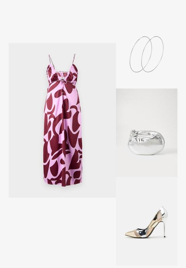 Maksiline kleita ar plānām siksnām, ar rozā fonu un lieliem bordo abstraktiem rakstiem, izgatavota no gludas auduma ar brīvu piegriezumu.; Apspīlēta augstpapēžu kurpe ar zeltītu, sudrabi un neitrālu krāsu kombināciju. Spīguļojoša virsma ar izgriezuma dizainu, aprīkota ar stiletto papēdi.; Sudraba metāliska poga somiņa ar mīkstu, noapaļotu formu un mezgla augšējo aizdari. Izgatavota no gludas mākslīgās ādas materiāla.; Sudraba gredzenveida auskari ar minimālistisku dizainu. Cirkulāra forma, gluda tekstūra un plāns profils. Vieglu svaru ar spīdīgu apdari.