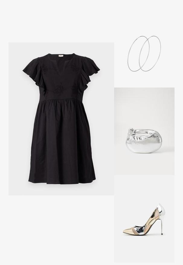 Juodas medvilninis suknelė su trumpomis raukinėmis rankovėmis, V formos iškirpte ir subtilia gėlių siuvinėjimu ant liemenės. A formos siluetas su susiraukšlėjusia juosmeniu.; Aštrus pirštas aukštakulnis batelis su sidabro, aukso ir nuogų spalvų deriniu. Blizgus paviršius su išpjovos dizainu, su stiletto kulnu.; Sidabrinė metalinė maišelio forma su švelnia, apvalia forma ir mazgu užveriamu viršumi. Pagaminta iš lygios dirbtinės odos medžiagos.; Sidabrinės pusmėnulio auskarai minimalistiniu dizainu. Apskritimo forma, lygus paviršius ir plonas profilis. Lengvi su poliruotu apdailu.