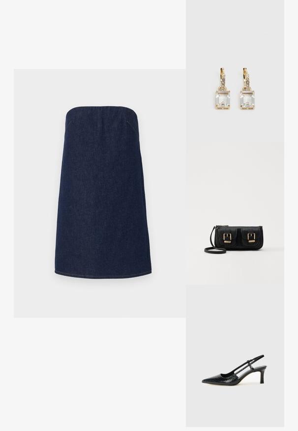 Tamna traper suknja bez naramenica ravnog kroja, s laganim šavovima duž obruba i bočnih šavova za dodatne detalje.; Crne lakirane slingback pete s oštrim vrhom, s teksturiranim uzorkom zmijske kože, podesivom remenom i kratkom, teksturiranom blok-petom.; Crna kožna torba preko ramena s dva prednja džepa, zlatnim kopčama, zatvaranjem na zip i uskim remenom. Teksturirana površina i kompaktan pravokutan oblik.; Zlatne naušnice s pravokutnim, prozirnim kristalom koji visi ispod niza malih, okruglih prozirnih akcenata. Elegantni, moderni dizajn.