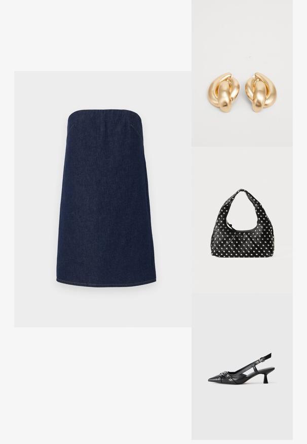 Gonna strapless in denim scuro con silhouette dritta, caratterizzata da cuciture chiare lungo l'orlo e le cuciture laterali per un tocco di dettaglio.; Scarpa slingback nera in pelle con punta affusolata, cinturini decorativi con occhielli metallici e tacco basso a blocco. Superficie testurizzata.; Borsa a tracolla in pelle nera con manico curvo, caratterizzata da un motivo di borchie metalliche distribuite uniformemente sulla superficie. Chiusura con zip.; Orecchini in metallo color oro con un design intrecciato, una superficie liscia e lucida e forme arrotondate. Ciascuno misura circa 5 cm.