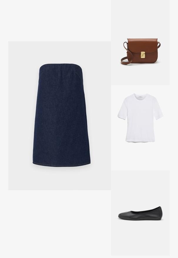 Tamsiai mėlynas džinsinis sijonas be petnešėlių, tiesios silueto, su šviesiais siūlais palei apatinį kraštą ir šoninius siūlus, suteikiančiais papildomų detalių.; Balta trumpa rankovėmis marškinėliai, pagaminti iš pasiruošusio audinio. Apvali iškirptė, reguliari tinkamumas ir subtilūs siuvimo detalės. Be raštų ar grafikos.; Juodai odiniai baletai su apvaliu pirštu, lygi texture, minimalus siuvimo detales ir lanksčiu padų dizainu.; Ruda odinė rankinė su uždaromu dangteliu, aukso spalvos detalėmis, petneša ir lygiu paviršiumi. Kompaktiška stačiakampio formos.