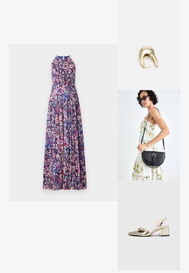 Maxikjole med halterneck, livlig blomsterprint i nyanser av blått, rosa og lilla, med en tettsittende overdel og utsvingt skjørt.; Gull, metallisk slingback-hæler med spiss tå og chunky hæl. Glatt tekstur, minimalistisk design og en smal stropp.; Svart lærveske med en buet form, avtagbar stropp og gullbeslag. Vesken har et klaff med spenne-detall.; Gullfarget metalløredobber med et elegant, buet design. Har en karakteristisk spiss form, polert overflate og hengsel-lukking.