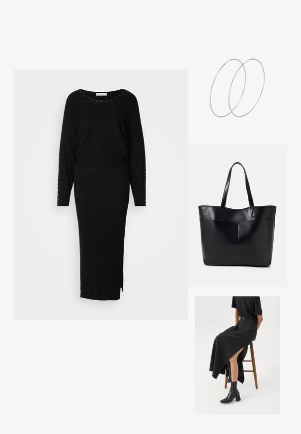 Schwarzes gestricktes Zweiteiler-Outfit, bestehend aus einem Langarm-Oberteil mit Nietenverzierungen und einem eng anliegenden, gerippten Maxirock mit seitlichem Schlitz.; Schwarzer Leinen-Maxi-Rock mit hohem Schlitz, getragen mit einem schwarzen T-Shirt und schwarzen Knöchelstiefeln. Minimalistisches Design mit lockerer Passform.; Schwarze Leder-Shopper-Tasche mit zwei langen Griffen, einer glatten Textur und einer strukturierten Form. Verfügt über eine Vordertasche für zusätzlichen Stauraum.; Silberne Creolen mit minimalistischem Design. Rundform, glatte Oberfläche und dünnes Profil. Leichtgewichtig mit hochglänzender Oberfläche.