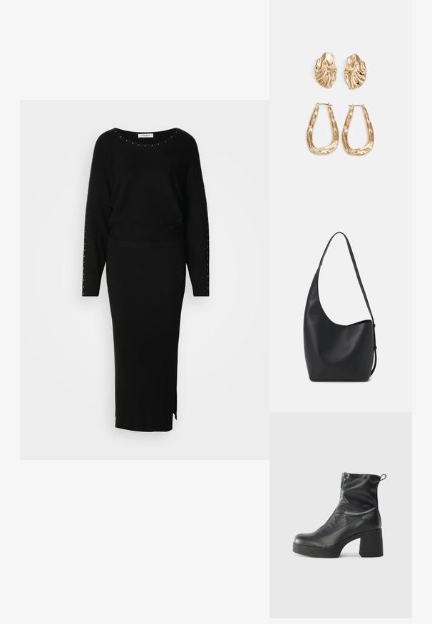 Compleu negru tricotat format dintr-un top cu mânecă lungă, decorat cu studuri, și o fustă maxi strâmtă, cu nervuri, care are o fante pe lateral.; Bocanci negri de glezna din piele netedă, cu fermoar lateral, toc texturat și masiv, și design cu vârf rotund.; Geantă hobo din piele neagră, cu o textură netedă, formă curbată și un singur bretele ajustabil; are o deschidere largă în partea de sus.; Cercei aurii cu forme texturate și ondulate. Include studs sculpturale cu clip și un design de cerc deschis cu un finisaj cioplit.