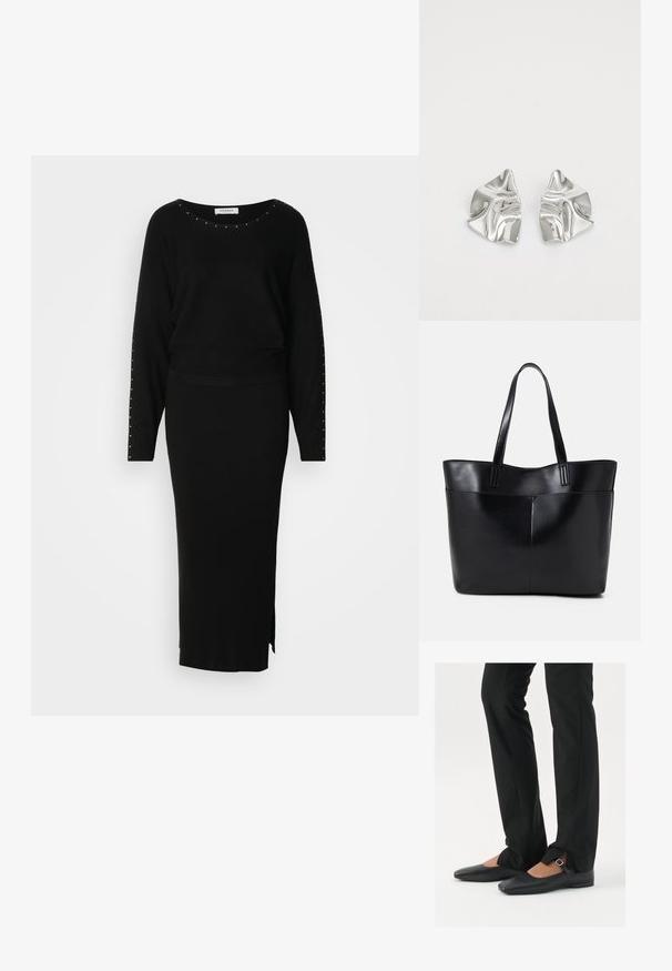 Ensemble en tricot noir en deux pièces composé d'un haut à manches longues avec des embellissements en studs et d'une jupe maxi ajustée à côtes avec une fente sur le côté.; Ballerines en cuir noire avec un bout pointu, sangle avec boucle en argent, associées à un pantalon noir sur mesure avec un ourlet fendu.; Sac fourre-tout en cuir noir avec deux longues poignées, une texture lisse et une forme structurée. Dispose d'une poche avant pour un rangement supplémentaire.; Boucles d'oreilles en métal argenté avec un design ondulé et sculptural, présentant une finition polie et des formes irrégulières, mettant en valeur une esthétique contemporaine.