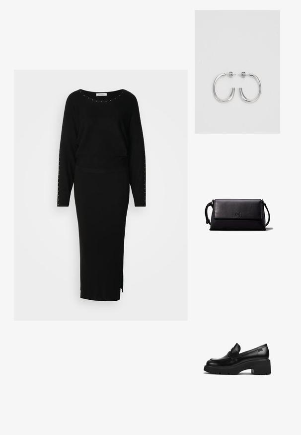 Crna pletena dvodijelna odjeća koja se sastoji od dugih rukava s ukrasima od zakovicama i uske rebraste maksi suknje s bočnim prorezom.; Crna kožna loaferica s debelim potplatom i chunky petom, s trakom preko gornjeg dijela, prikazana sa strane na bijeloj pozadini.; Crna kožna torbica u obliku pravokutnika, glatke teksture, s ravnim preklopom i malom ručkom sa strane. Ima diskretni logo.; Srebro naušnice u obliku prstena s glatkom, sjajnom završnom obradom. Zaobljenog oblika, laganog dizajna, s kopčom na poleđini.