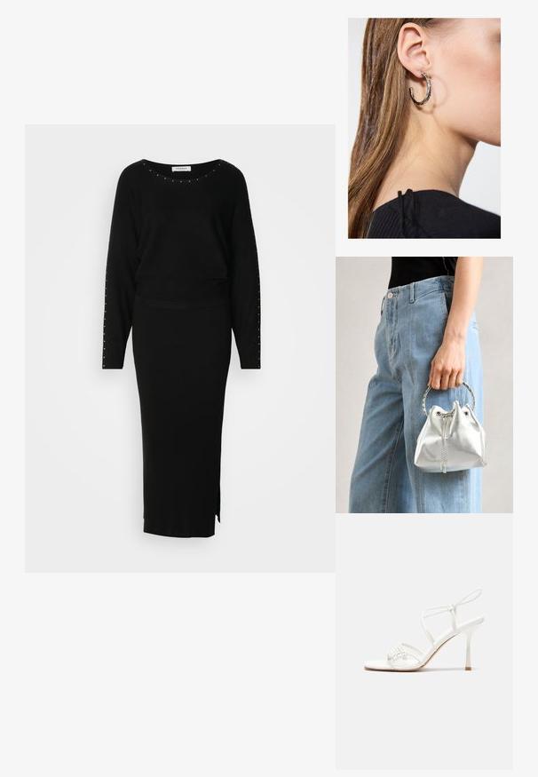 Juodas megztas dviejų dalių kostiumas, sudarytas iš ilgomis rankovėmis viršaus su nagų puošmenomis ir prilipusios, raštuotos maksi sijono su šonine išpjova.; Baltas dirželis su aukštu kulnu sandalai su plokščiu pirštu, tekstūruota priekinė dalis su susiraukšlėjimais ir plonas kulkšnies dirželis.; Metalinis sidabrinis kibirėlis su tekstūruota apdaila, papuoštas sidabriniu apvaliu rankeniu ir raišteliu, laikomas prieš šviesiai mėlynus džinsus.; Sidabrinė lankinė auskarai su poliruotu paviršiumi, turintys mažus auksinius akcentus ir apvalią formą, dėvimi ant ausies kaušelio.