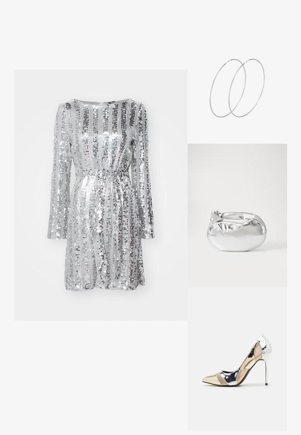 Sudraba spīdīgu sequinu kleita ar garām piedurknēm, strukturētu augšdaļu un saistītu jostu. Iekļauj pārejošus vertikālus un horizontālus sequinu rakstus.; Apspīlēta augstpapēžu kurpe ar zeltītu, sudrabi un neitrālu krāsu kombināciju. Spīguļojoša virsma ar izgriezuma dizainu, aprīkota ar stiletto papēdi.; Sudraba metāliska poga somiņa ar mīkstu, noapaļotu formu un mezgla augšējo aizdari. Izgatavota no gludas mākslīgās ādas materiāla.; Sudraba gredzenveida auskari ar minimālistisku dizainu. Cirkulāra forma, gluda tekstūra un plāns profils. Vieglu svaru ar spīdīgu apdari.