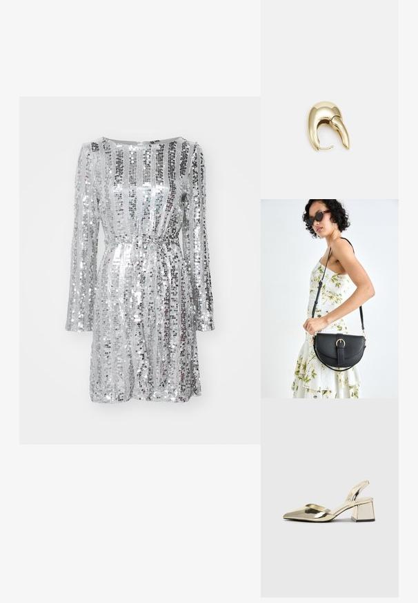 Stříbrné flitrové šaty s dlouhými rukávy, strukturovaným živůtkem a páskem na zavázání. Obsahují střídající se vertikální a horizontální vzory flitrů.; Kovové zlaté pantofle na podpatku s špičatou špičkou a masivním podpatkem. Hladký povrch, minimalisticý design a úzký pásek.; Černá kožená kabelka s křivkovým tvarem, odnímatelným popruhem a zlatými detaily. Kabelka má klopu s přezkou.; Náušnice ve zlatém tónu z kovu s elegantním zakřiveným designem. Vyznačují se jedinečným špičatým tvarem, lesklým povrchem a závěsem na kloub.