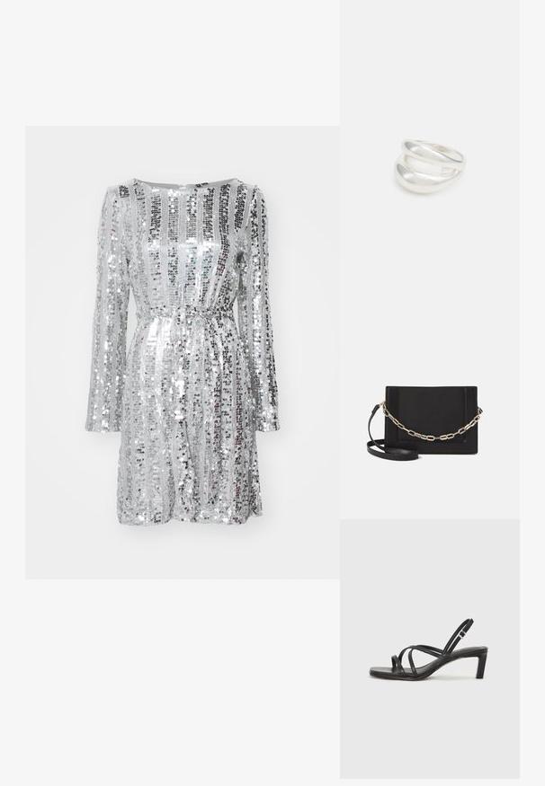 Sidabrinė blizgučių suknelė su ilgomis rankovėmis, struktūrizuotu liemeniu ir juosmeniu surišti. Savybės - pakaitiniai vertikalūs ir horizontalūs blizgučių raštai.; Juodi šlepetės su kvadratiniu pirštu ir žemu bloku kulnu. Yra keli ploni dirželiai ir reguliuojamas kulkšnies diržas. Pagaminti iš lygios odos.; Juodas odinis per petį nešiojamas krepšys turi lygų paviršių, stačiakampio formą ir metalinę grandinėlę priekyje. Pridedama reguliuojama dirželis.; Sidabrinis dvigubas žiedas su lygiu, poliruotu paviršiumi. Pasižymi sklandžiu, kreiptu dizainu su persipinančiomis dalimis, suteikiančiomis modernų išvaizdą.