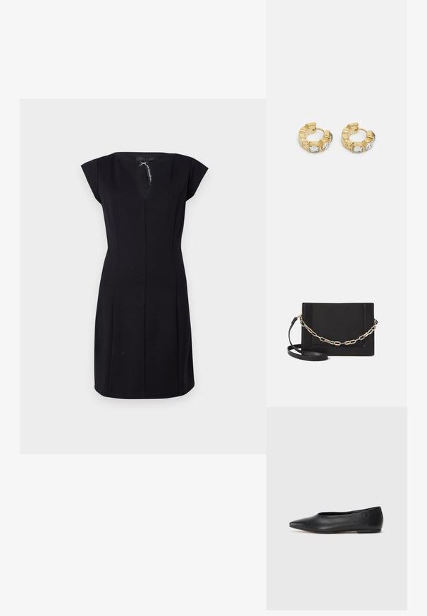 Vestido preto justo com mangas em formato de cúpula, decote em V e costuras verticais para estrutura. Feito de um tecido suave, possui um fecho nas costas.; Bailarina de couro preto, bico fino, design minimalista, textura suave, salto baixo, sem hardware ou embelezamentos visíveis.; Bolsa crossbody de couro preto com uma textura suave, forma retangular e um detalhe em corrente metálica na frente. Inclui uma alça ajustável.; Brincos de argola dourados com um design texturizado e três cristais transparentes em um lado, oferecendo uma estética geométrica moderna.