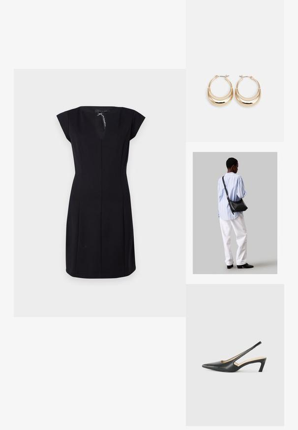 Juodas prigludęs suknelė su trumpomis rankovėmis, V formos iškirpte ir vertikaliomis siūlėmis struktūrai. Pagaminta iš lygaus audinio, ji turi užsegimą nugaros dalyje.; Juodas smailus slingback batelis su žemu kulnu, pagamintas iš lygaus odos paviršiaus ir su išpjovomis šone, užtikrinančiomis oro pralaidumą.; Juodas odinis petinis krepšys su minkšta tekstūra, trikampiu pavidalu ir reguliuojama juosta, derinamas su šviesiai mėlynu dryžuotu marškinėliu ir baltais džinsais.; Auksinės tonacijos auskarai su mėnulio forma, lygus paviršius ir sklendės uždarymas. Lygus tekstūra ir atspindintis finis padidina matomumą.