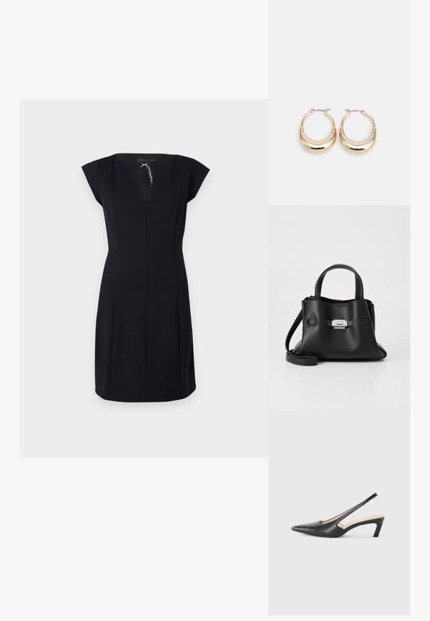 Čierne priliehavé šaty s krátkymi rukávmi, V-výstrihom a vertikálnymi švami pre štruktúru. Vyrobené z hladkej tkaniny, obsahujú zapínanie na chrbte.; Čierne slingback topánky s ostrou špičkou a nízkym opätkom, vyrobené z hladkej kože a s výrezmi na boku pre lepšiu priedušnosť.; Čierna kožená kabelka s textúrovaným povrchom, ktorá má dve vrchné rukoväte, odnímateľný popruh cez rameno a strieborný uzáver.; Zlaté kruhové náušnice s polmesiacovým tvarom, lešteným povrchom a pántovým uzáverom. Hladká textura a reflexný lesk zvyšujú viditeľnosť.