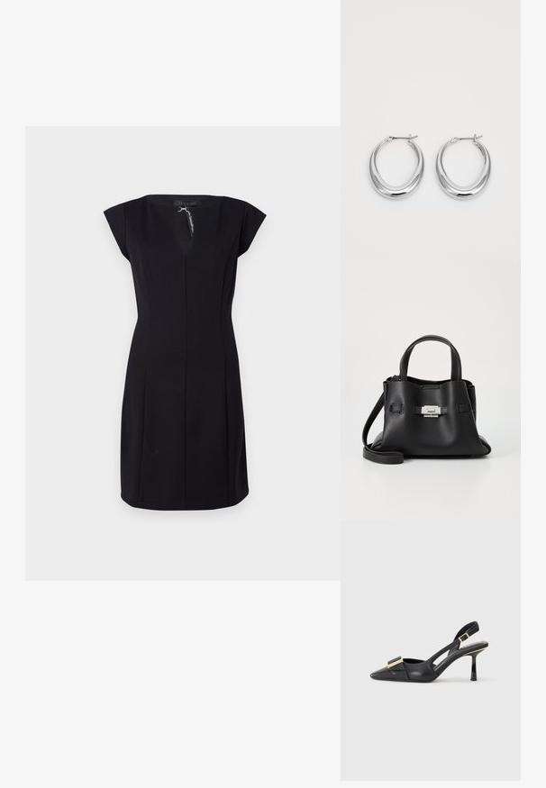 Fekete, testhez simuló ruha, cap ujjakkal, V-dekoltázzsal és vertikális varrásokkal a formáért. Simább anyagból készült, hátul záródik.; Fekete bőr slingback cipő hegyes orral, karcsú sarkal és aranyszínű kiegészítővel a lábfej résznél. Simább szerkezet és letisztult dizájn.; Fekete bőr kézitáska struktúrált felülettel, két felső fogantyúval, levehető vállpánttal és ezüst színű csattal.; Fényes ezüst félhold alakú karika fülbevaló pár, zsanéros kapoccsal, fehér háttéren.