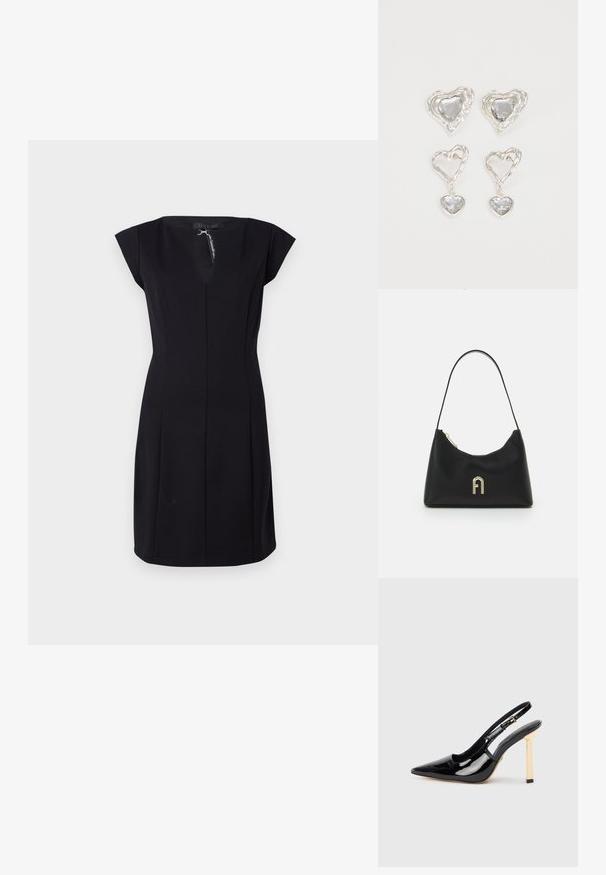 Černé přiléhavé šaty s krátkými rukávy, výstřihem do V a vertikálními švy pro strukturu. Vyrobené z hladkého materiálu, mají zapínání na zadní straně.; Černá lakovaná slingback vysoká bota na podpatku s špičatou špičkou a zlatým čtvercovým akcentem na podpatku. Má nastavitelné kotníkové popruhy.; Černá kabelka vyrobená z hladkého materiálu, s křivkovým tvarem, jediným popruhem a zlatým logem na přední straně.; Stříbrné náušnice ve tvaru srdce mají fasetované průhledné kameny a texturovaný rám. Sada zahrnuje styl pecek a visacích náušnic.