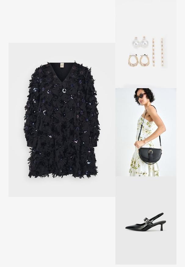 Melnā kleita ar V veida dekoltē, garām piedurknēm un teksturētām ziedu aplikācijām ar spīguļiem visā virsmā.; Melnas lakotas ādas sūkņa kurpes ar norādītu purngali un mazu bloku papēdi, ar sudraba sprādzi akcentā uz jostas.; Melnas ādas rokassoma ar izliekta formu, noņemamu siksnu un zelta aksesuāriem. Somai ir vāciņš ar sprādzes detaļu.; Trīs auskariņu pāri: lieli baltie pērļu auskari, zelta riņķi ar caurspīdīgiem dārgakmeņiem un divi garie, taisnie zelta akcentu auskaru pāri ar spīdīgām detaļām.