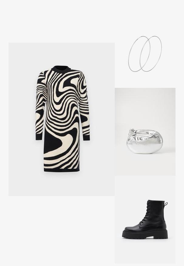 Robe pull noire et crème avec un motif de rayures ondulées, manches longues et col côtelé, confectionnée en tissu tricoté.; Bottines en cuir noir avec un bout rond, un laçage à l'avant et une épaisse semelle en caoutchouc dotée d'un motif texturé. Tirer au dos.; Pochette en métal argenté avec une forme douce et arrondie et un fermoir en haut noué. Fabriquée en simili cuir lisse.; Boucles d'oreilles en argent au design minimaliste. Forme circulaire, texture lisse et profil fin. Légères avec une finition polie.