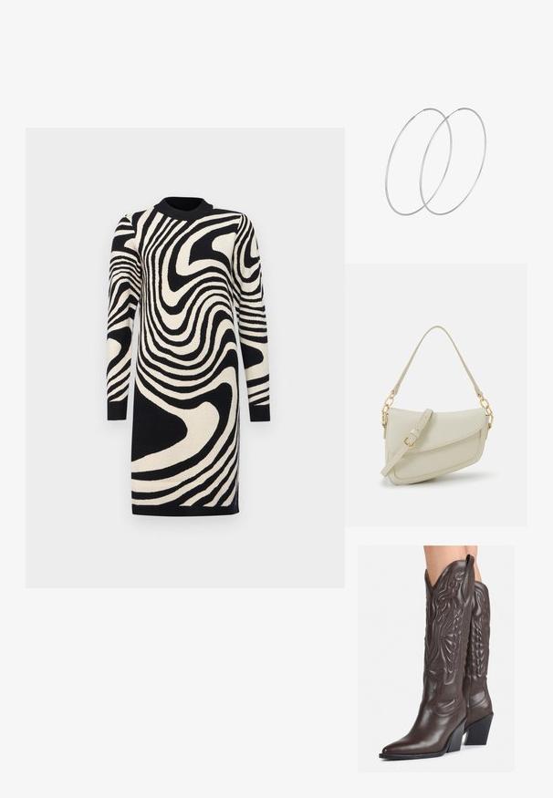 Black and cream sweater dress featuring a wavy striped pattern, long sleeves, and ribbed neckline, made from knitted fabric.; Brown leather cowboy boots with pointed toe and block heel, featuring detailed stitching and raised accents on the shaft.; Small cream handbag with a textured finish, a long adjustable strap, a chain accent, and a flap closure. Gold hardware detailing.; Silver hoop earrings with a minimalist design. Circular shape, smooth texture, and thin profile. Lightweight with a polished finish.