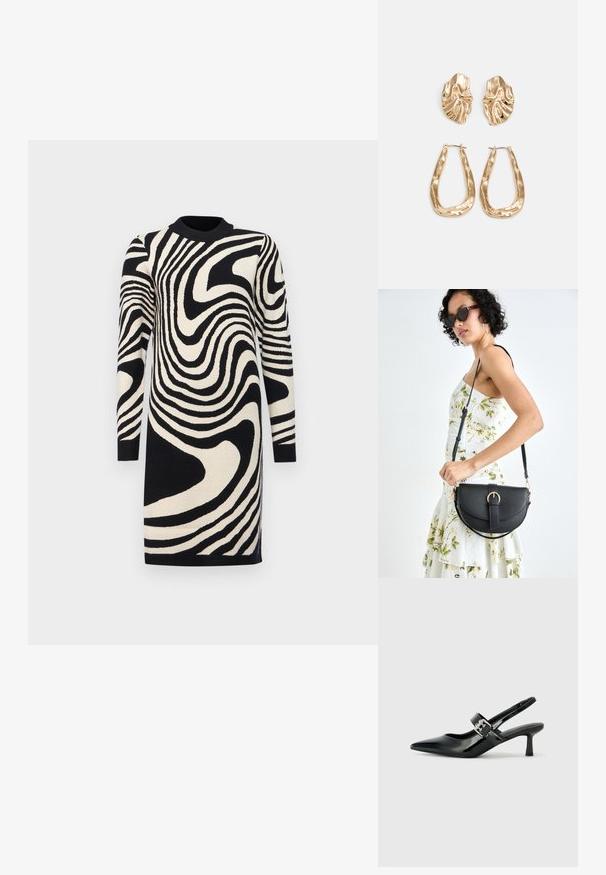 Sort og cremefarvet sweaterkjole med bølgemønster, lange ærmer og ribbet halsudskæring, lavet af strikket stof.; Sorte laker slingback hæle med spids tå og en lille blokhæl, med en sølvspændeaccent på remmen.; Sort læderhåndtaske med en buet form, aftagelig rem og guldfinish. Tasken har en klap med en spænde detalje.; Guldtonede øreringe med teksturerede, bølgede former. Inkluderer skulpturelle clips og en åben ringdesign med en hamret finish.