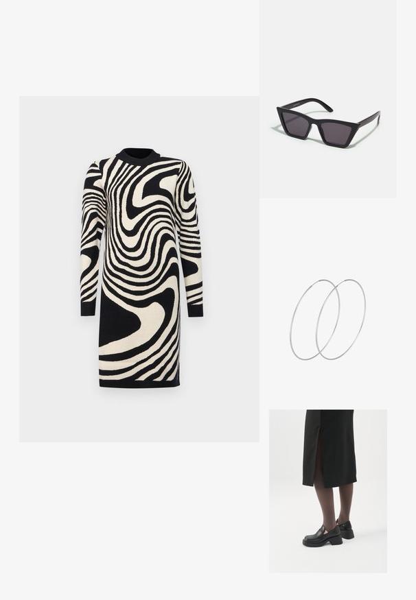 Abito maglione nero e crema con un motivo a righe ondulate, maniche lunghe e scollatura a coste, realizzato in tessuto lavorato a maglia.; Scarpe in pelle nera con punta arrotondata, tacco spesso a blocco e accenti laterali in elastico, abbinate a collant scuri e una gonna nera con uno spacco.; Occhiali da sole neri e angolari con lenti grigie; realizzati in plastica, con aste spesse dalla superficie liscia e senza hardware visibile.; Orecchini a cerchio in argento con un design minimalista. Forma circolare, superficie liscia e profilo sottile. Leggeri con una finitura lucida.