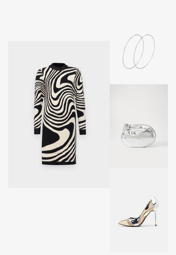Sort og cremefarvet sweaterkjole med bølgemønster, lange ærmer og ribbet halsudskæring, lavet af strikket stof.; Spidse højhælede sko med et farveskema i sølv, guld og nude. Blank finish med udskæringsdesign, der har en stilletto hæl.; Sølvmetallic pose med en blød, rund form og en knyttet lukning foroven. Fremstillet af glat faux lædermateriale.; Sølvøreringe med et minimalistisk design. Cirkulær form, glat tekstur og tynd profil. Letvægtige med en poleret overflade.