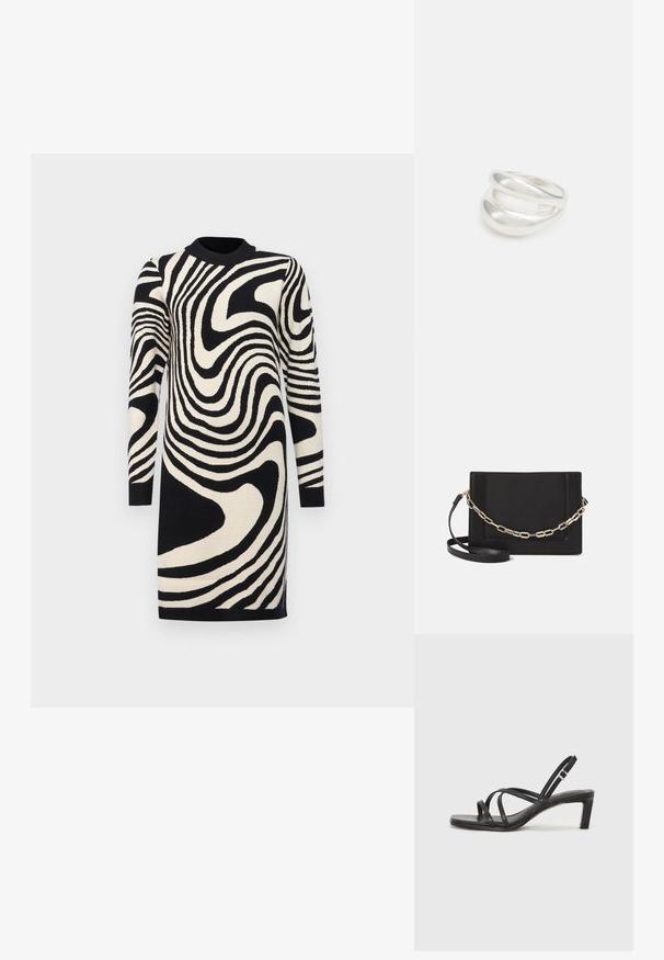 Melna un krējuma krāsas džemperkleita ar viļņotu svītru rakstu, garām piedurknēm un ribota apkakle, izgatavota no adīta materiāla.; Melnas strappy sandales ar kvadrātveida purngaliem un zemu bloku papēdi. Ievērojamas ar vairākiem plāniem siksniņām un regulējamu potītes siksniņu. Izgatavotas no gludas ādas.; Melna ādas crossbody soma ar gludu faktūru, taisnstūrveida formu un metalizētu ķēdes detaļu priekšā. Iekļauta regulējama siksna.; Sudraba divu joslu gredzens ar gludu, pulētu virsmu. Iezīmējas ar plūstošu, izliekta dizaina struktūru ar pārklājošām sekcijām modernam izskatam.
