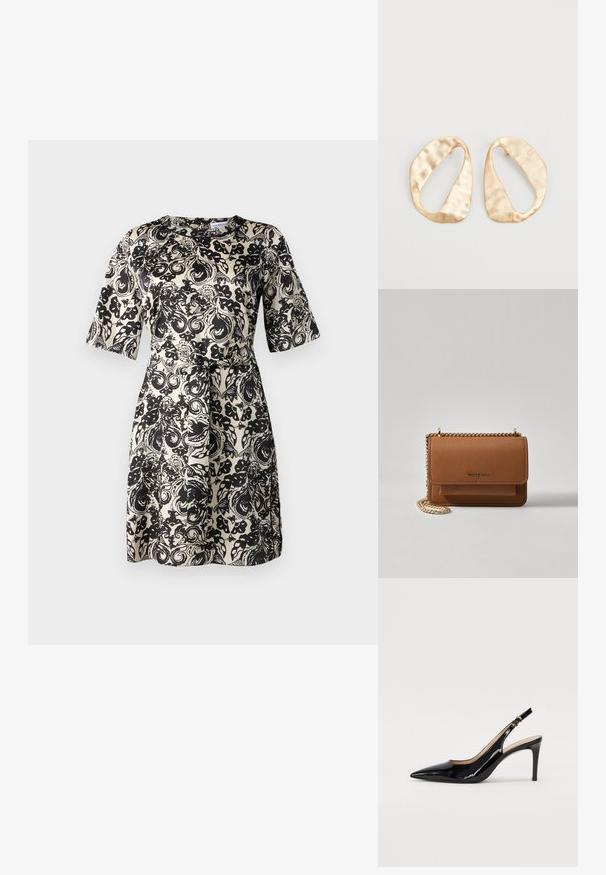 Marella GALAZIA - Dnevna haljina - nero; Crne lakirane slingback cipele s oštrim vrhom, uskim potpeticama i suptilnim izrezom. Sadrže zlatnu kopču na traku.; Smeđa kožna torba preko tijela s teksturom, zlatnim lančićem i preklopom na zatvaranju. Na prednjoj strani nalazi se detalj s potpisom i džep ispod preklopa.; Par zlatnih metalnih naušnica nepravilnog ovalnog oblika s teksturiranom, blago kovanom površinom na bijeloj pozadini.