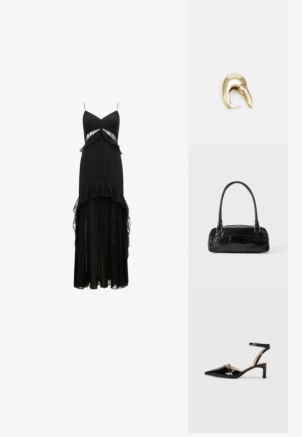 Melnas maxi kleita ar smalkiem siksniņām, mežģīņu akcentiem, slāņainām plīvuriem jostas zonā un pleidētu svārku. Gluda tekstūra, eleganta silueta.; Melni patentēti ādas siksniņu zābaciņi ar smailu purngalu, potītes siksniņu un mazu papēdi, ar smalkiem siksniņu akcentiem.; Melnas ādas rokassoma ar taisnstūra formu, aprīkota ar vienu struktūras rokturi, sudraba krāsas aparatūru un rāvējslēdzēja aizdari. Gluda tekstūra.; Zeltīti metāla auskari ar gludu, izliekta dizaina. Ar atšķirīgu smailu formu, pulētu virsmu un eņģu aizdari.