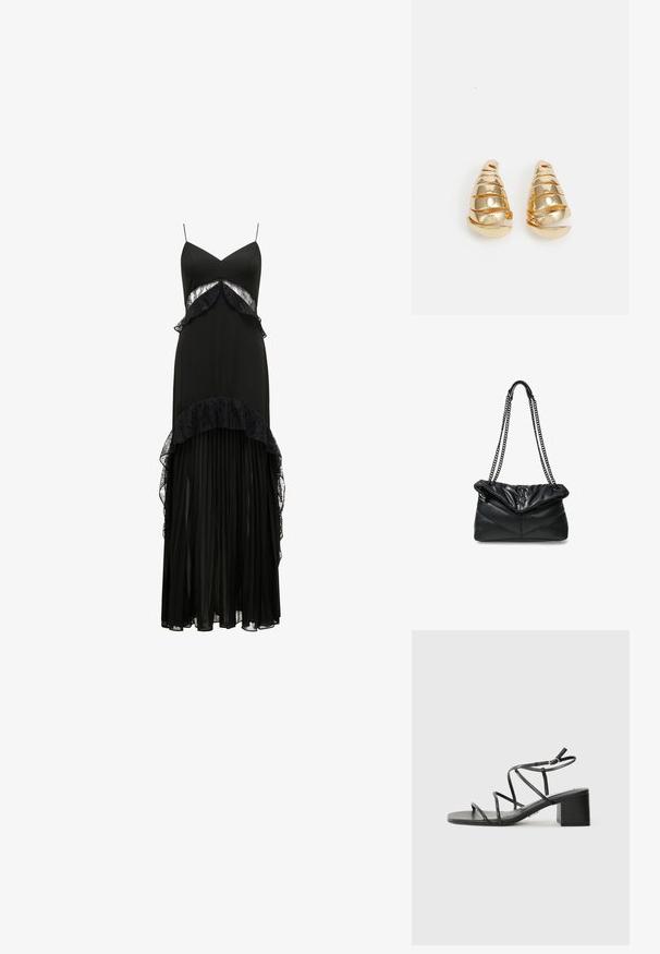 Black maxi dress with spaghetti straps, lace accents, layered ruffles at the waist, and a pleated skirt. Smooth texture, elegant silhouette.; Black strappy sandals with a square toe and a chunky heel, made of smooth material. Features adjustable ankle straps and minimal hardware.; Steve Madden BBELZ - Cross body bag - black; Gold-toned earrings shaped like elongated cones with spiral detailing. Smooth surface with reflective finish, featuring curved accents.