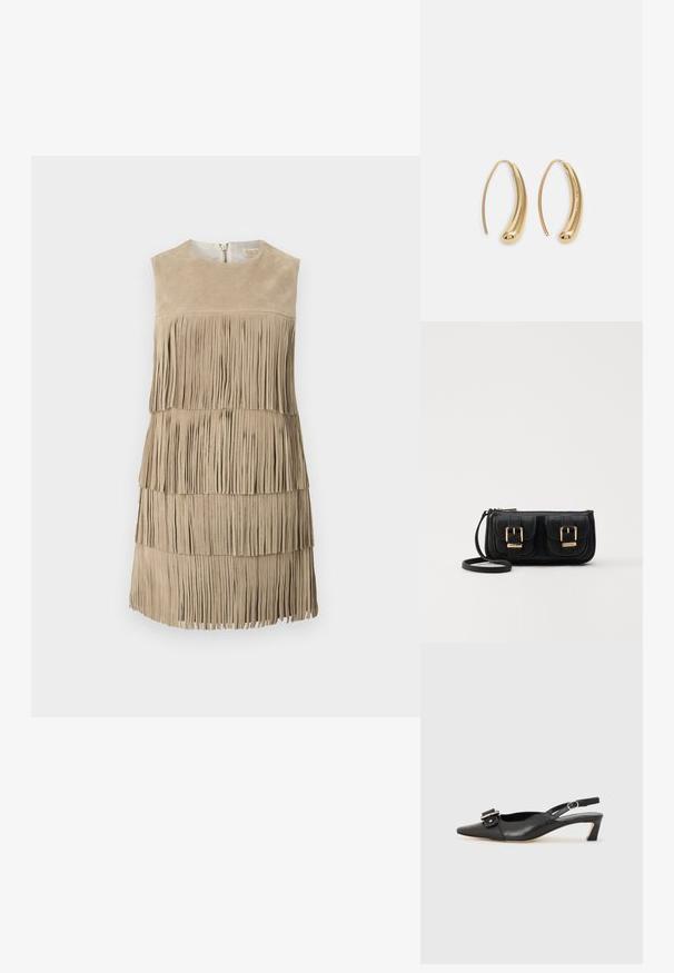 Beige mokkanahka mekko, jossa on kerroksellinen hapsuyksityiskohta. Pyöreä pääntie ja vetoketj closure takana. Sileä pinta, polvitaipeen ylle ulottuva pituus.; Musta nahkainen slingback-kengät terävällä kärjellä, pienellä korolla ja koristeellisella solkikuvioinnilla yläosassa. Sujuva pinta, minimalistinen muotoilu.; Musta nahkainen olkalaukku, jossa on kaksi etutaskua, kultaiset soljet, vetoketjukiinnitys ja kapea hihna. Teksturoidun pinnan ja kompaktin suorakaiteen muoto.; Korvakorut kultasävytteistä metallista, joissa on kaareva, pitkänomainen muoto. Ominaisuuksiin kuuluu sileä, kiiltävä pinta ja pyöreä kärki lisäyksinä.