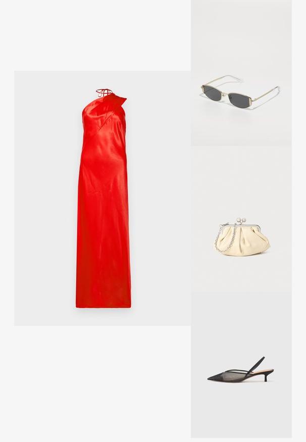 Sarkans satīna maksi kleita ar vienu plecu siksnu, asimetriskais dizains un gluda tekstūra. Iezīmējas ar saitītes detaļu ap kaklu.; NEOUS IRENA - Klasiski papēži - black; Zelta metāla saulesbrilles ar ovālu formu, tumši pelēkiem objekīviem un caurspīdīgām kājiņām. Iezīmē dekoratīvus akcentus uz rāmja.; Rūpīgi pleatota bežīga ādas somiņa ar sudraba metāla rāmi, kurai ir divas apaļas dekoratīvas sprādzes un sudraba ķēdes siksna.