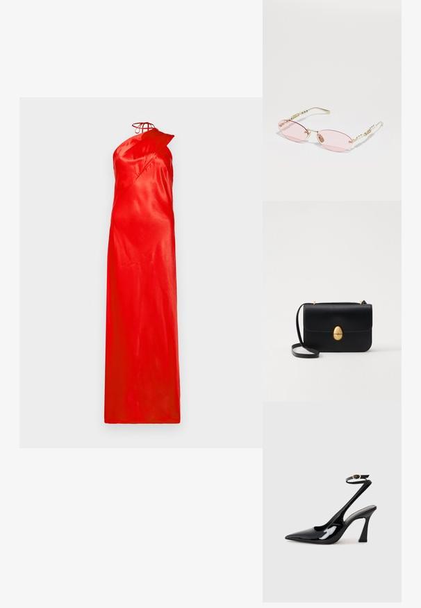 Raudona satino ilgintu suknelė su viena petneša, asimetrišku dizainu ir lygiu paviršiumi. Yra raištelio detalė prie kaklo.; Juodai lakuoti slingback aukšti kulniukai su smailiu nosiu, reguliuojama čiurnos juostele ir vidutinio dydžio blokiniu kulnu. Lygus paviršius su blizgiu apdaila.; Gucci Akiniai nuo saulės - gold-coloured/pink; Juodas odinis rankinukas su struktūrine stačiakampio forma. Yra auksinė ovali sagtis ir plona petneša. Glotni tekstūra.