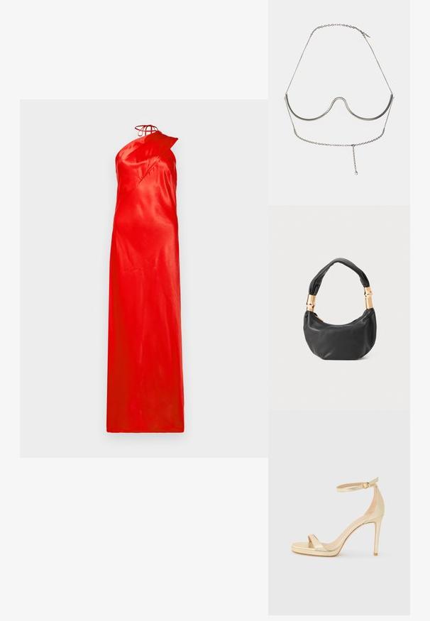 Raudona satino ilgintu suknelė su viena petneša, asimetrišku dizainu ir lygiu paviršiumi. Yra raištelio detalė prie kaklo.; Auksinės metalinės aukštakulnės basutės su atvira nosimi, kulkšniai skirtu diržu su sagtimi ir platforma, suteikiančia papildomo aukščio. Lygi tekstūra.; Juodas odinis rankinukas apvalios formos, minkštos tekstūros su susietu rankena ir auksinės spalvos detalėmis. Užtrauktuko uždarymas.; Cult Gaia ASHA BODY JEWELRY - Kiti aksesuarai - bright shiny silver-coloured