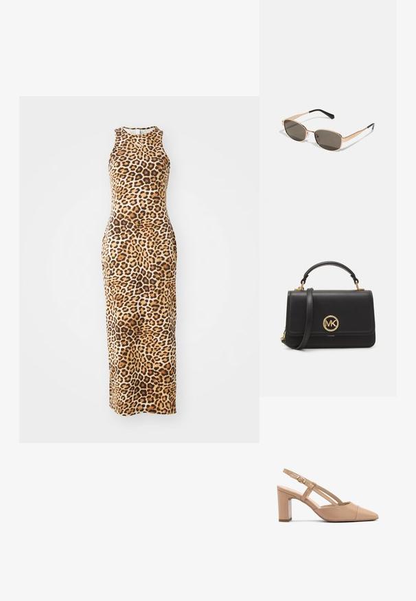 Lepardų rašto ilgis maxi su be rankovių dizainu, prigludusia siluetu ir apvaliu iškirpimu. Pagaminta iš minkštos, tamprios medžiagos.; Bežiniai odiniai šlaunų kabliuko kulniukai su smailiu pirštu, bloko kulnu ir dirželiu su mažyte auksine sagtimi. Lygi tekstūra, minimalistinis dizainas.; Stačiakampiai saulės akiniai su auksiniu metaliniu rėmu ir tamsiais objektyvais. Papildyti plonomis juodomis šakomis, išsiskiriančiais minimalizmo dizainu.; Juodas odinis rankinukas su struktūrizuotu dizainu, turintis auksinę apvalią logotipą, viršutinę rankeną ir nuimamus pečių diržą.; Auksinis stačiakampis laikrodis su baltu ciferblatu, minimalistiniais valandų žymekliais ir metaliniu tinkleliu. Yra šoninė chronometravimo mygtukas laiko reguliavimui.