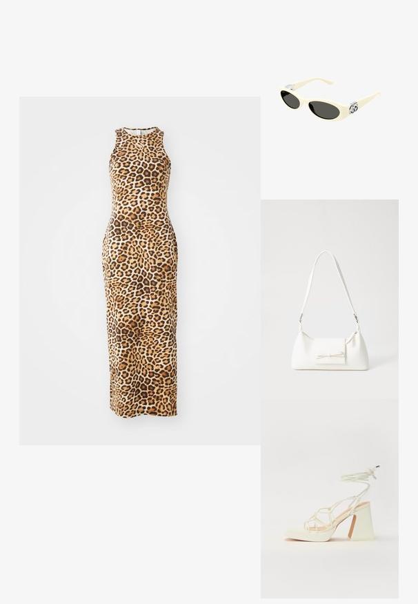 Maksi obleka s leopardjim vzorcem, brez rokavov, prilagojena silhueta in okrogel izrez. Narejena iz mehkega, raztegljivega materiala.; Bela sandala na visokih petah s debelim petam, ki ima obliko trakcev in vezanje okoli gležnja. Gladka tekstura z platformo spredaj za dodatno višino.; Svetlo bež očala za sonce z ovalnimi lečami, črno zaščito in kovinskimi logotipnimi akcenti na tempeljih. Gladka tekstura, dizajn v obliki mačjih oči.; Bela sintetična torbica v obliki trikotnika, z ravnim sprednjim poklopcem in detajlom mašne, nastavljivim trakom, gladko teksturo in minimalističnim dizajnom.