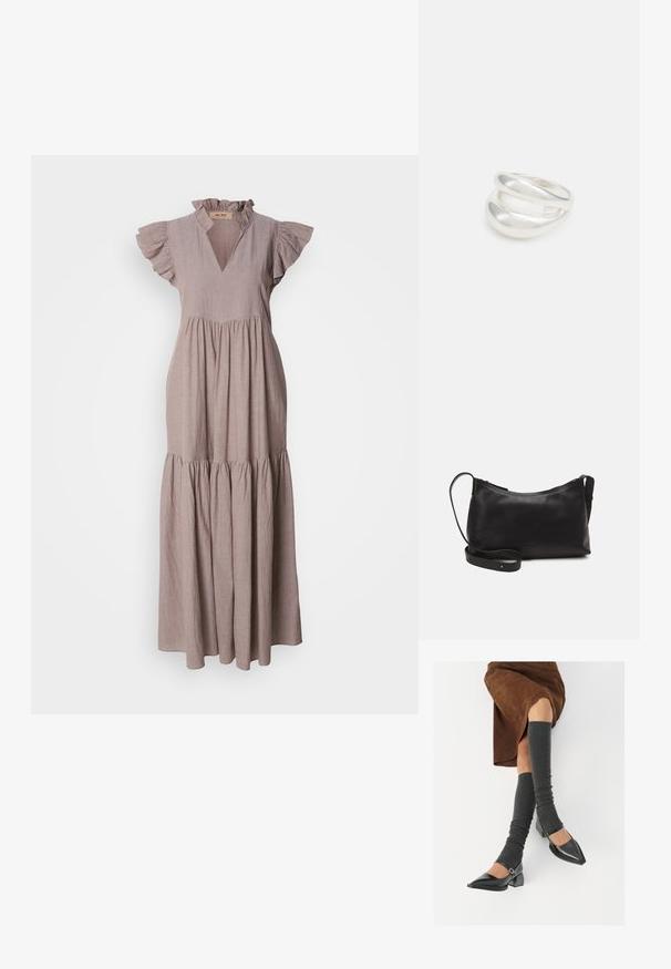 Šviesiai taupe lino maksi suknelė, pasižyminti raukšlėtu iškirpimu, trumpomis rankovėmis ir kelių lygių sijono dizainu, suteikiančiu srautą silueto.; Juodi lakuoti odiniai batai su aštriu kuma ir bloko kulnu, derinami su pilkais riebiais kojų šildytuvais ir rudais zomšiniais sijonais.; Juodas odinis petinis krepšys su lygiu paviršiumi, išlenkta forma, reguliuojama dirželiu ir užtrauktuku. Minimalistinis dizainas be puošmenų.; Sidabrinis dvigubas žiedas su lygiu, poliruotu paviršiumi. Pasižymi sklandžiu, kreiptu dizainu su persipinančiomis dalimis, suteikiančiomis modernų išvaizdą.